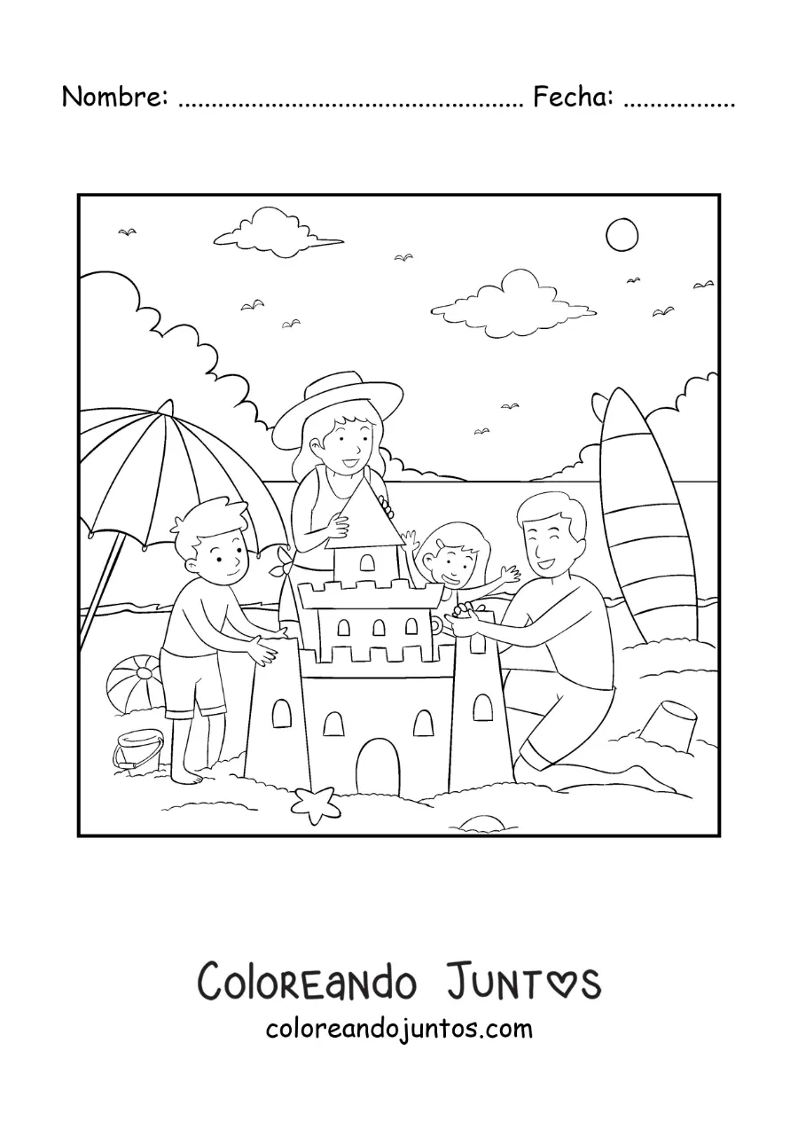 Imagen para colorear de una familia construyendo un castillo de arena en la playa