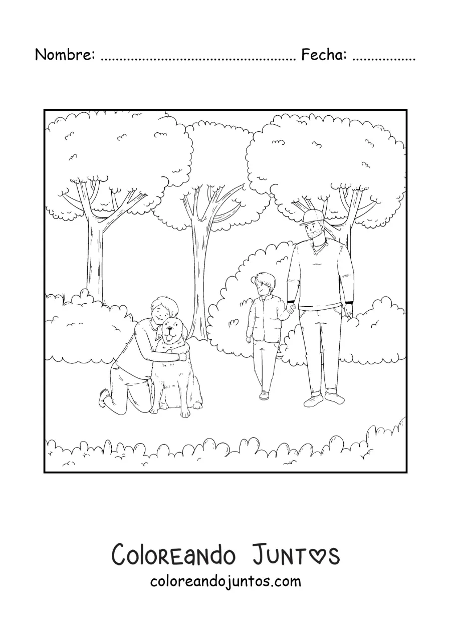 Imagen para colorear de un padre y su hijo paseando en el parque