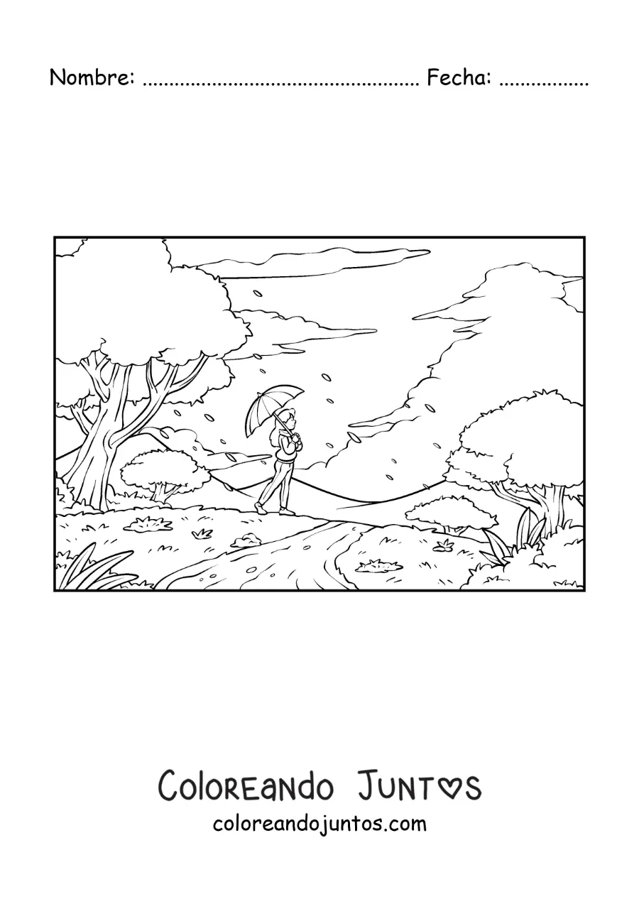 Imagen para colorear de una chica de paseo en el parque con una sombrilla en otoño
