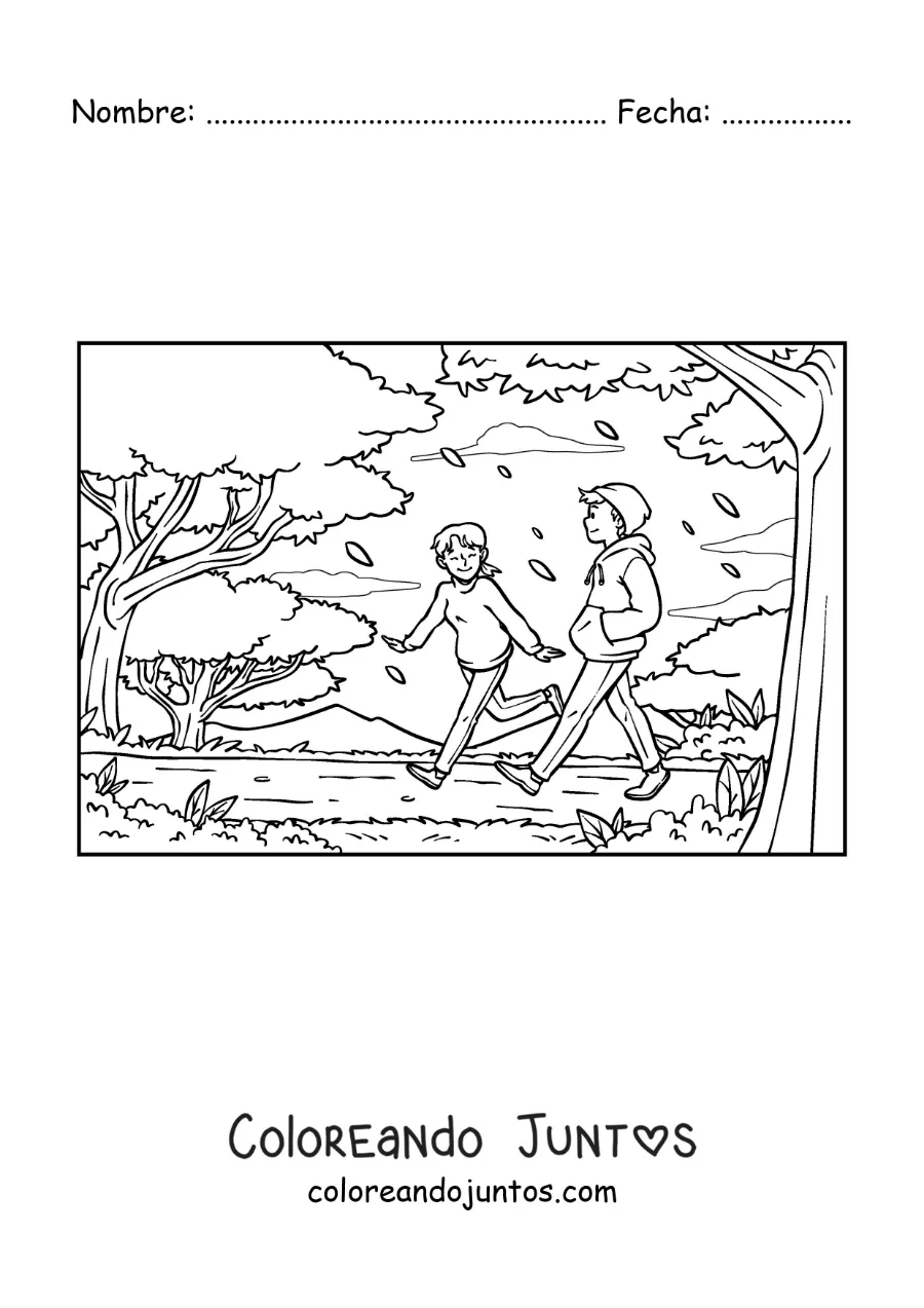 Imagen para colorear de una pareja de jóvenes de paseo en el parque en otoño