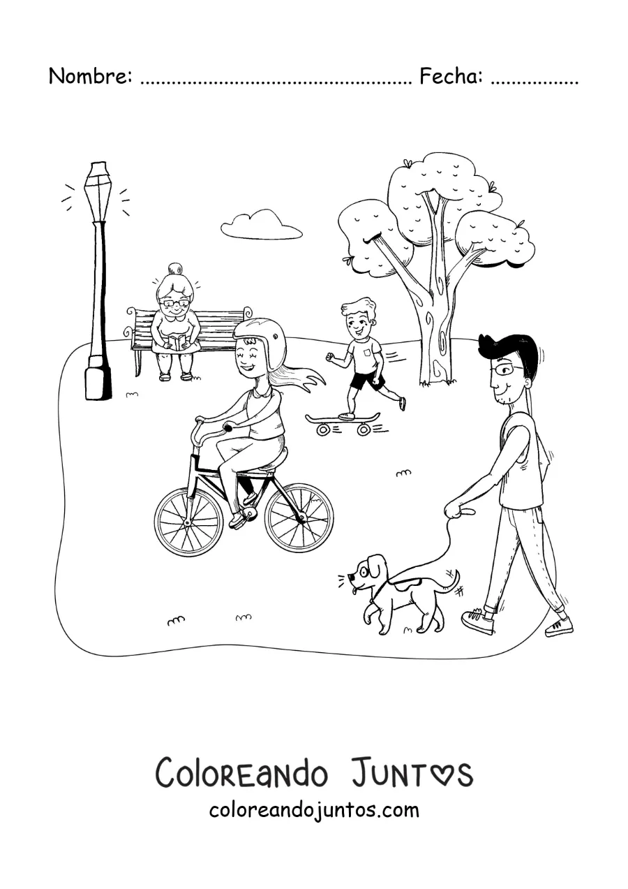 Imagen para colorear de personas de todas las edades paseando en el parque