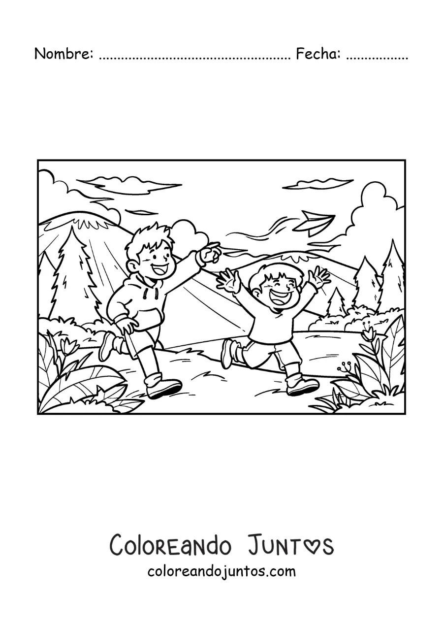 Imagen para colorear de dos hermanos corriendo en el parque