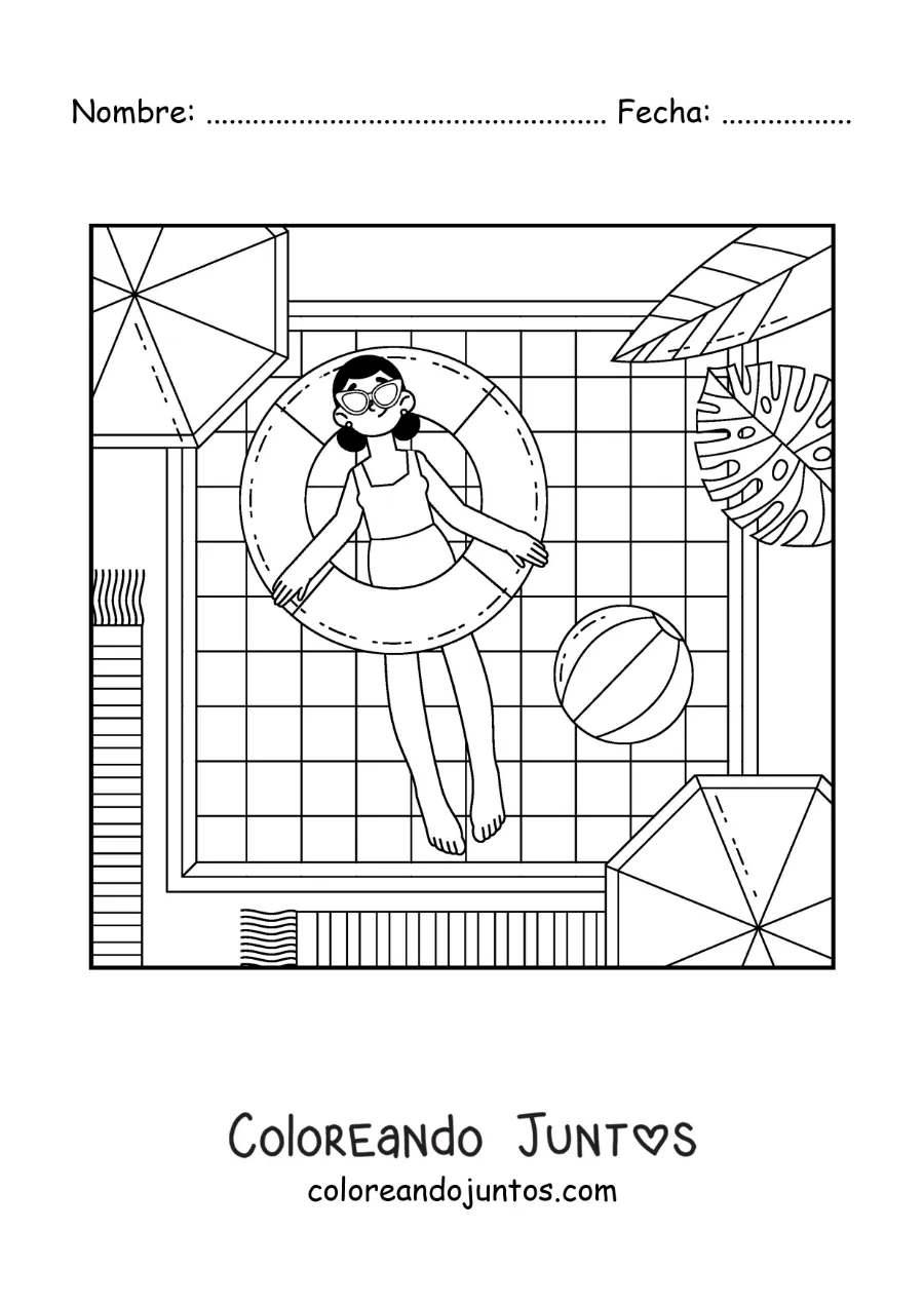 Imagen para colorear de una chica de vacaciones flotando en una piscina