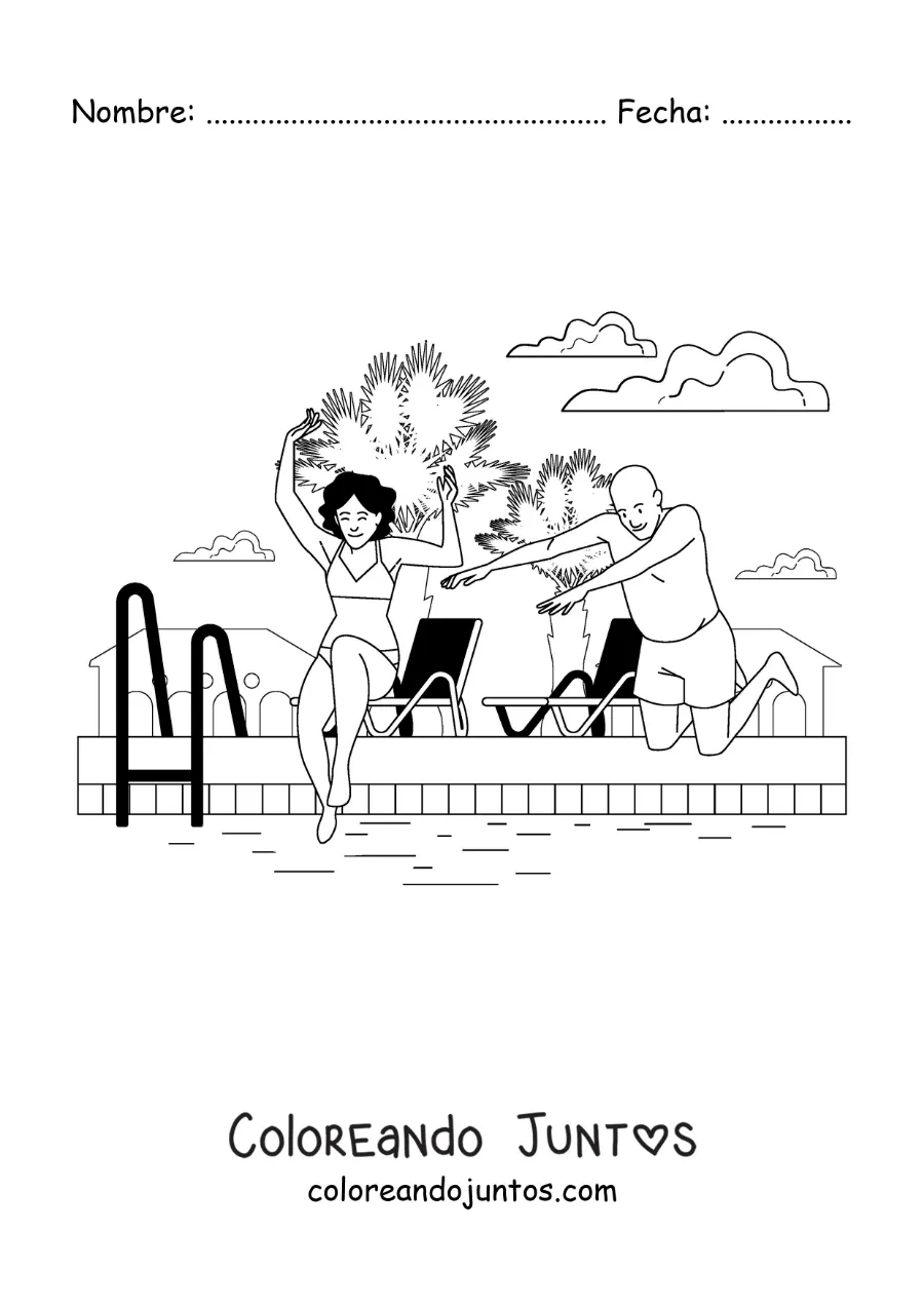 Imagen para colorear de una chica y un hombre lanzándose al agua en una piscina