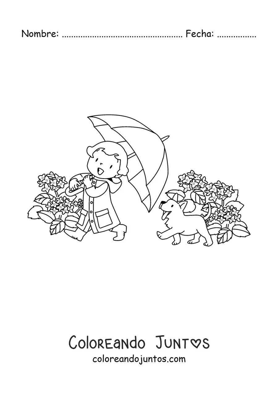 Imagen para colorear de un niña kawaii de paseo con una sombrilla junto a un perro