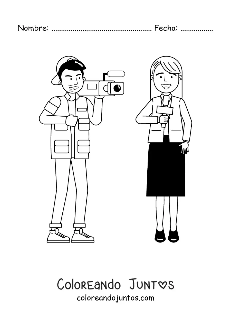 Imagen para colorear de un camarógrafo y una periodista en un reportaje de noticias
