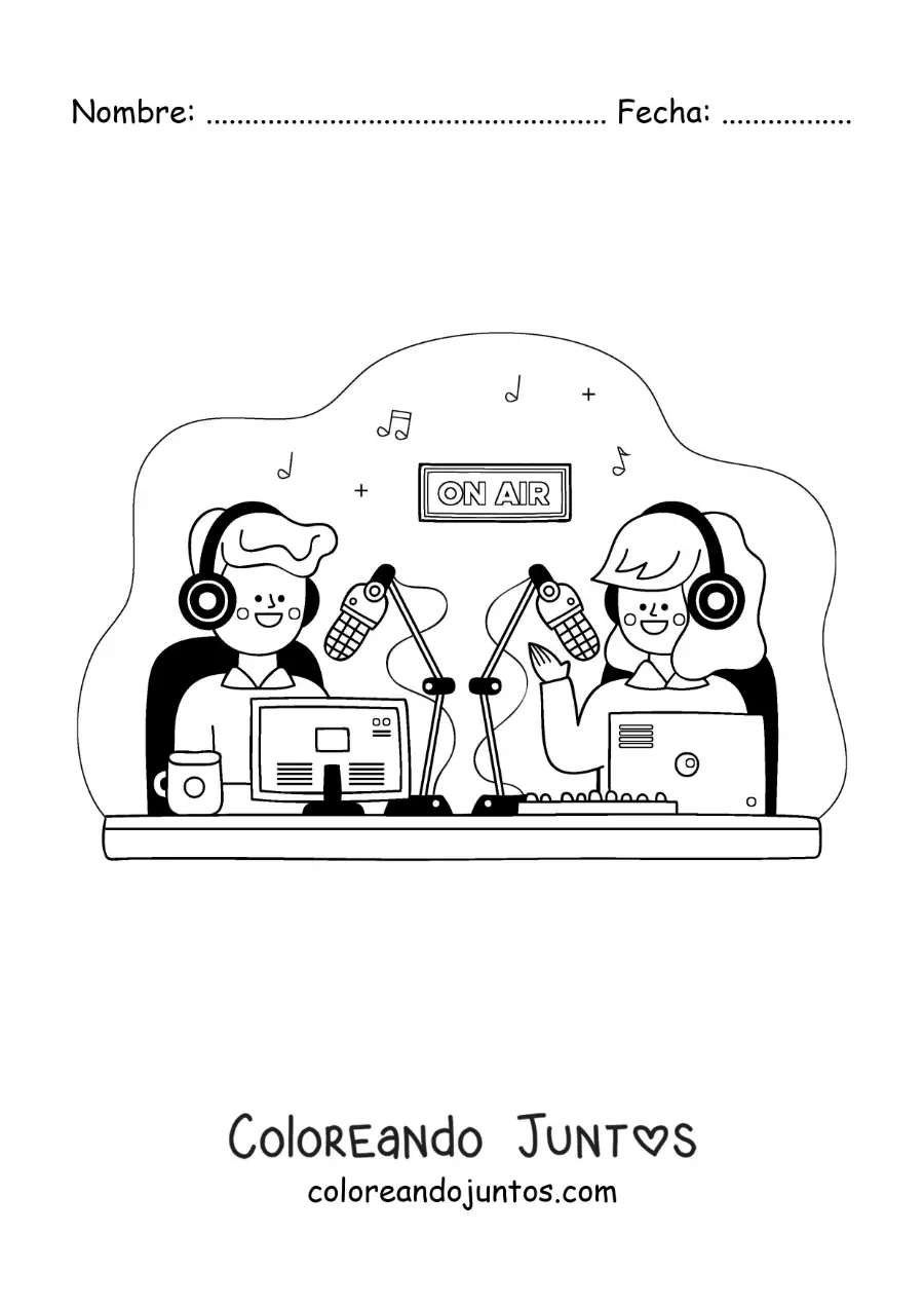 Imagen para colorear de una chica y un chico grabando un podcast