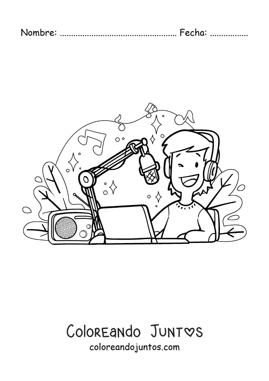 Imagen para colorear de un chico joven grabando un programa de radio