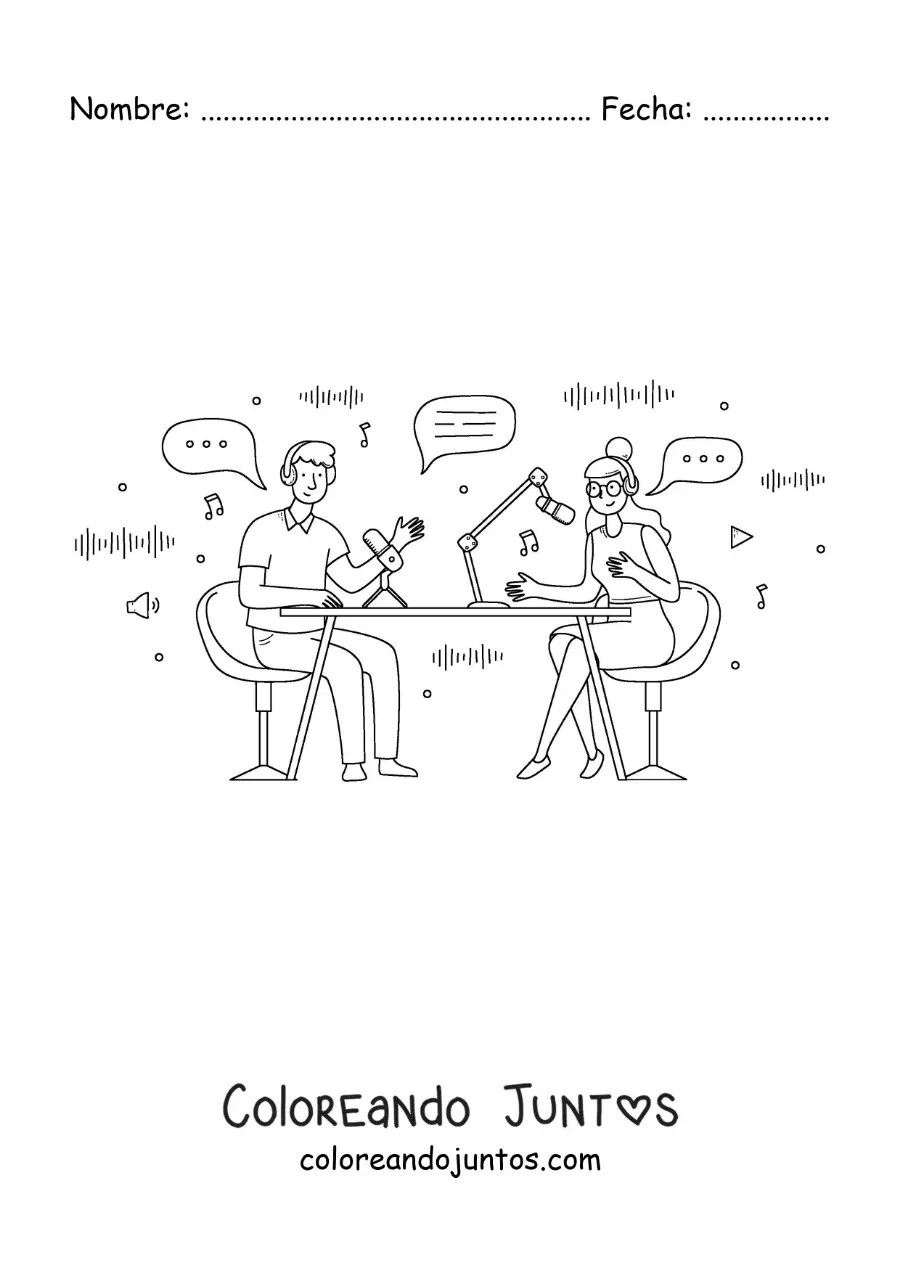 Imagen para colorear de un hombre y una mujer grabando un podcast