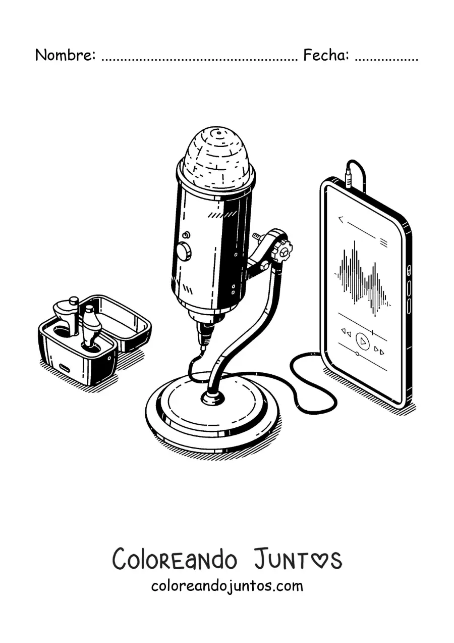 Imagen para colorear de un micrófono conectado a un teléfono grabando audio para un podcast