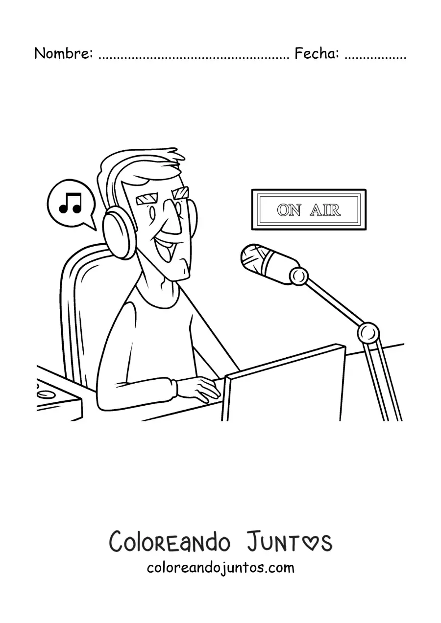 Imagen para colorear de un locutor en un programa musical de la radio