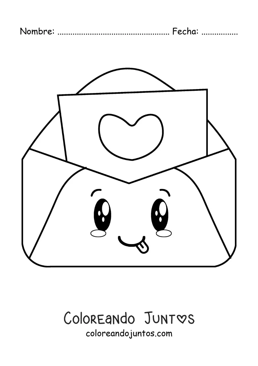 Imagen para colorear de una carta de amor kawaii en su sobre