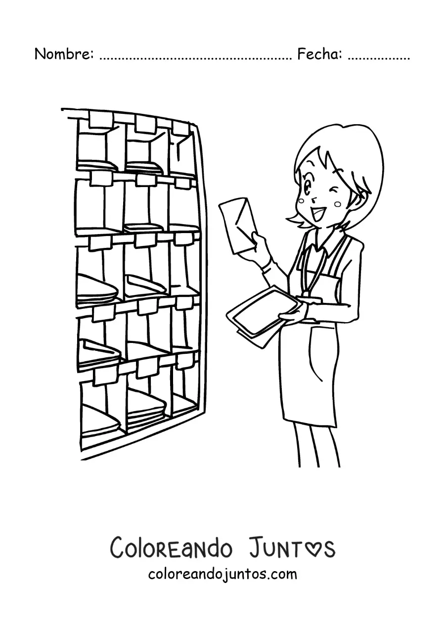 Imagen para colorear de una mujer cartera en la oficina postal