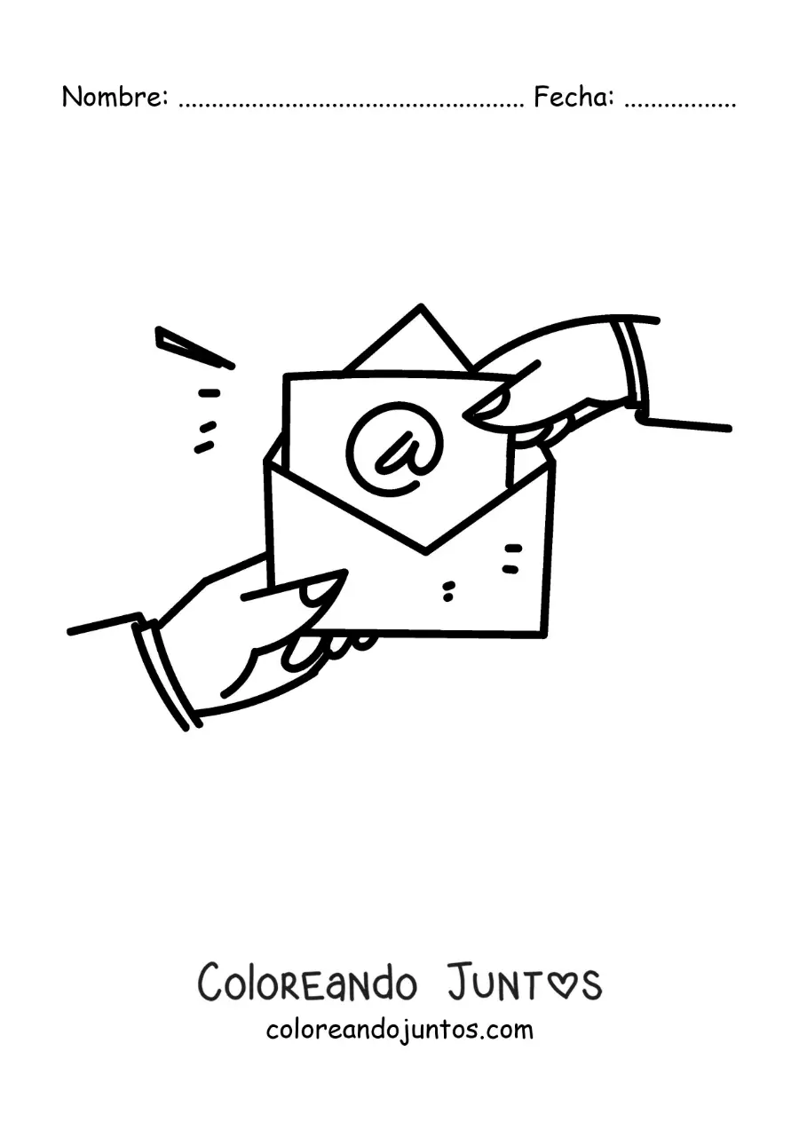 Imagen para colorear de dos manos abriendo una carta con el signo "@"