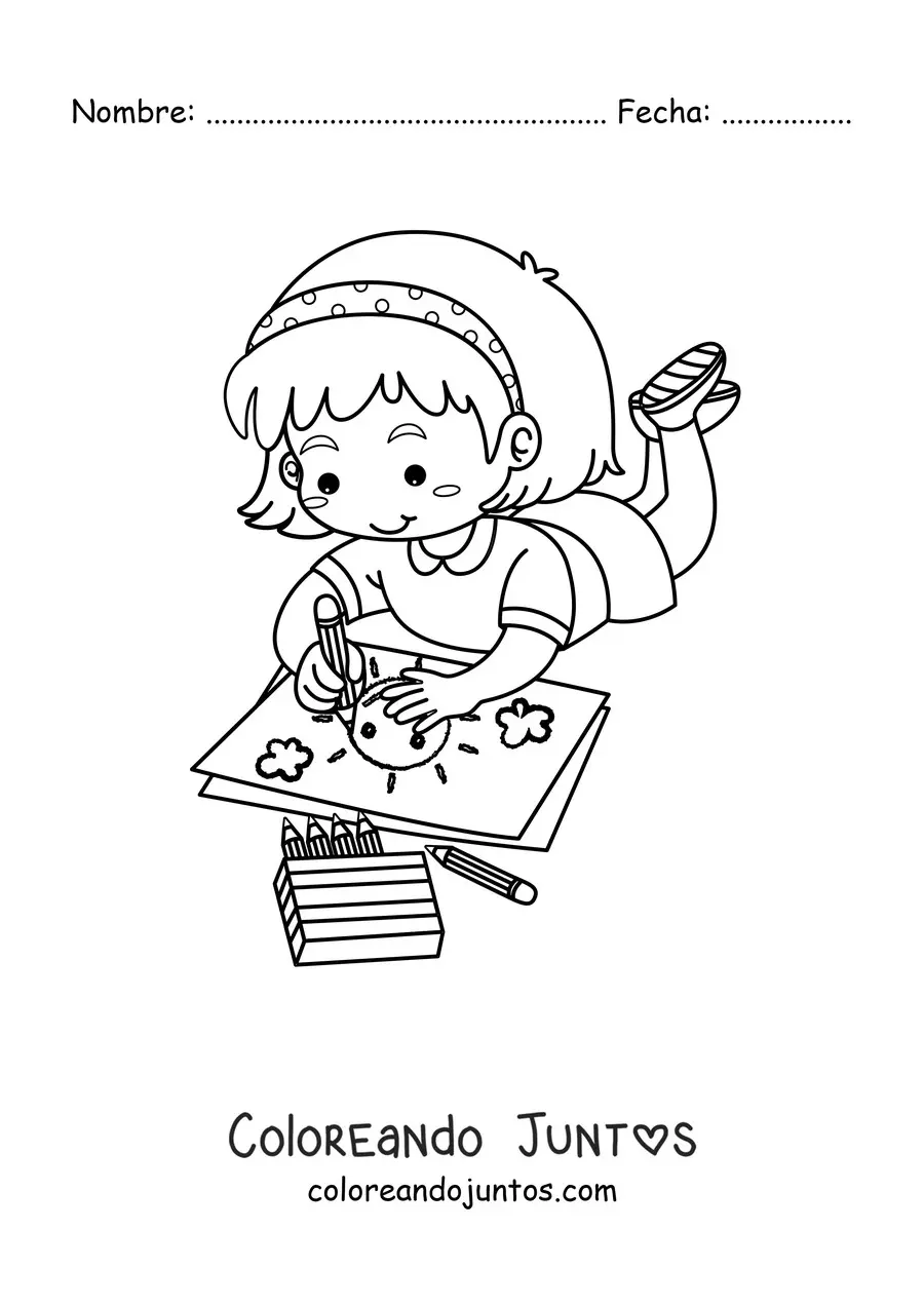 Imagen para colorear de una niña coloreando acostada en el suelo