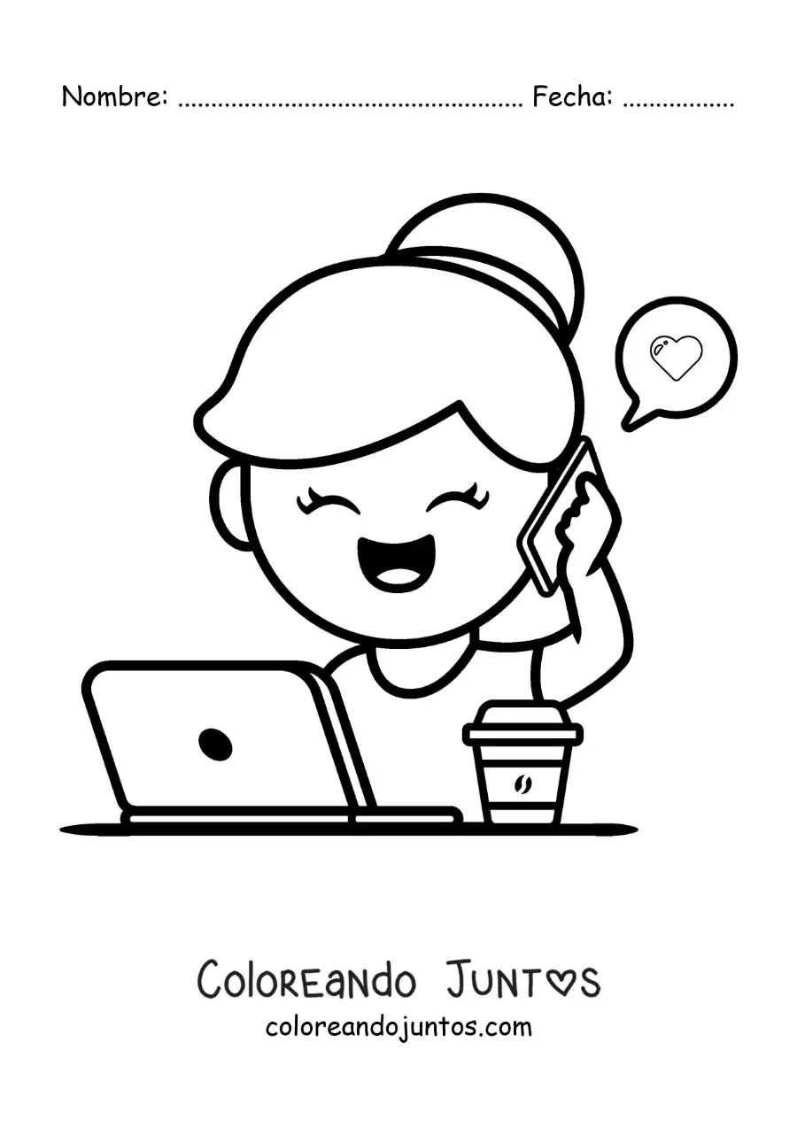 Imagen para colorear de una chica hablando por teléfono mientras trabaja desde casa