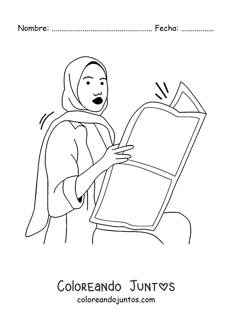 Imagen para colorear de una mujer con hijab sentada leyendo el periódico