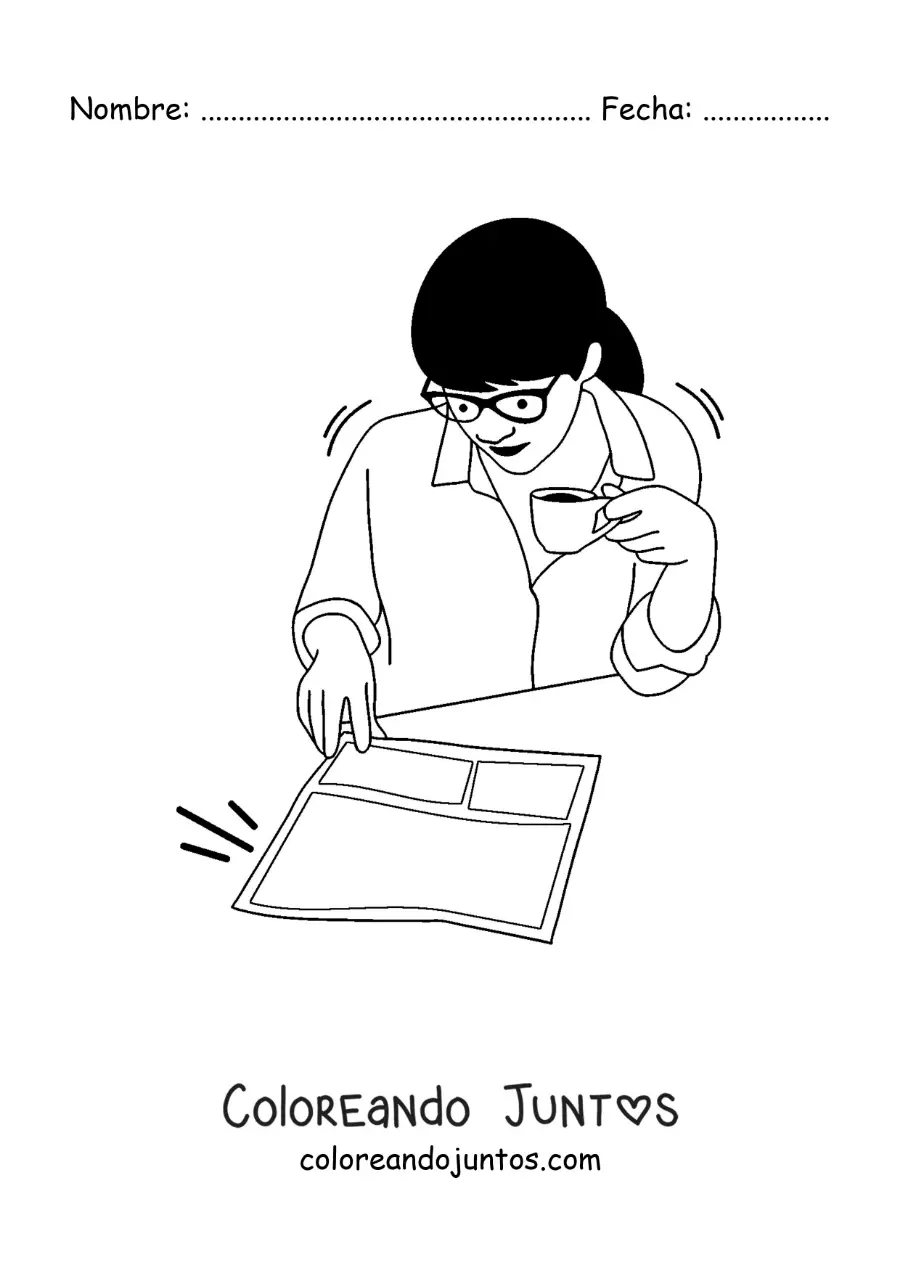 Imagen para colorear de una mujer sentada leyendo el periódico y tomando un café