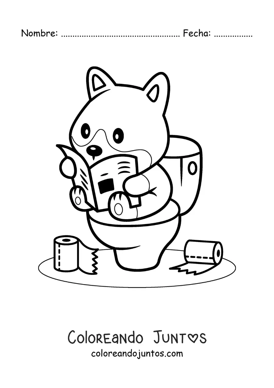 Imagen para colorear de un perro animado sentado en el baño leyendo el periódico