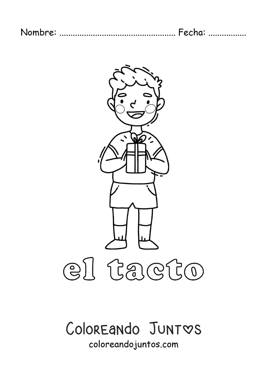 Imagen para colorear de un niño tocando un regalo con sus manos