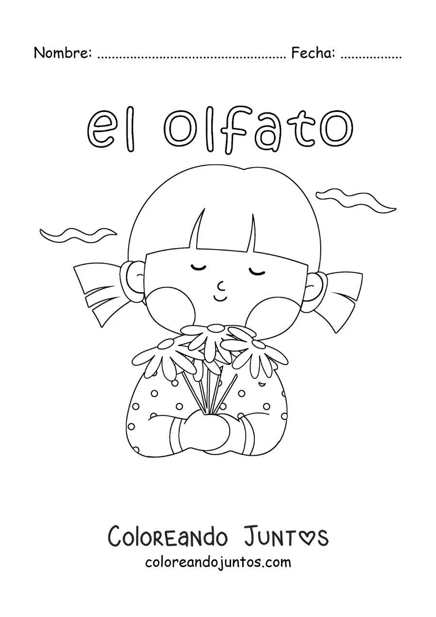 Imagen para colorear de una niña animada oliendo una flor