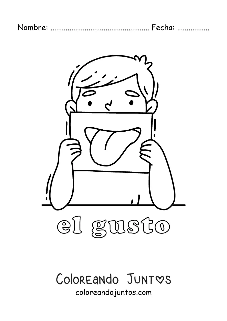 Imagen para colorear de un niño mostrando su boca con el texto "el gusto"