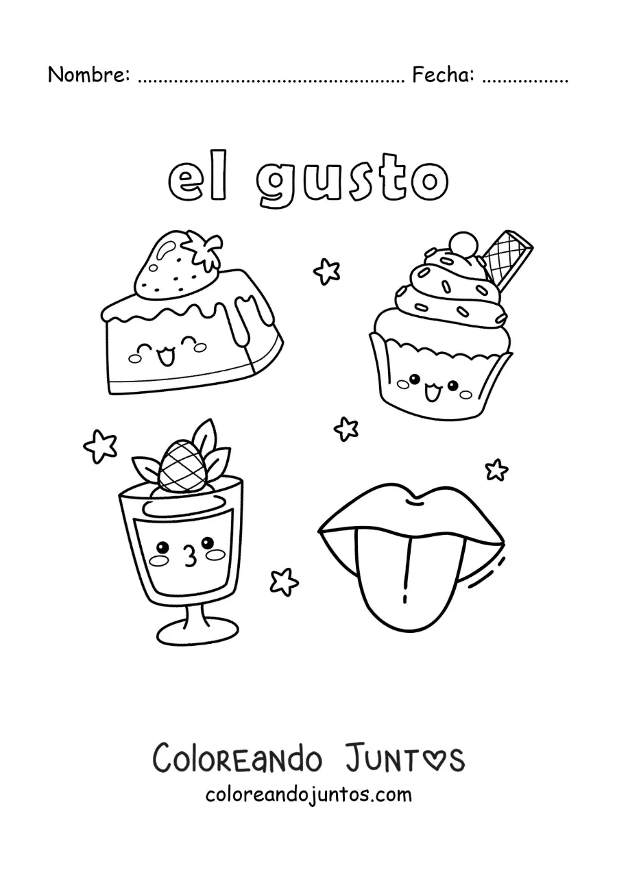 Imagen para colorear de dulces animados y la lengua como parte del sentido del gusto