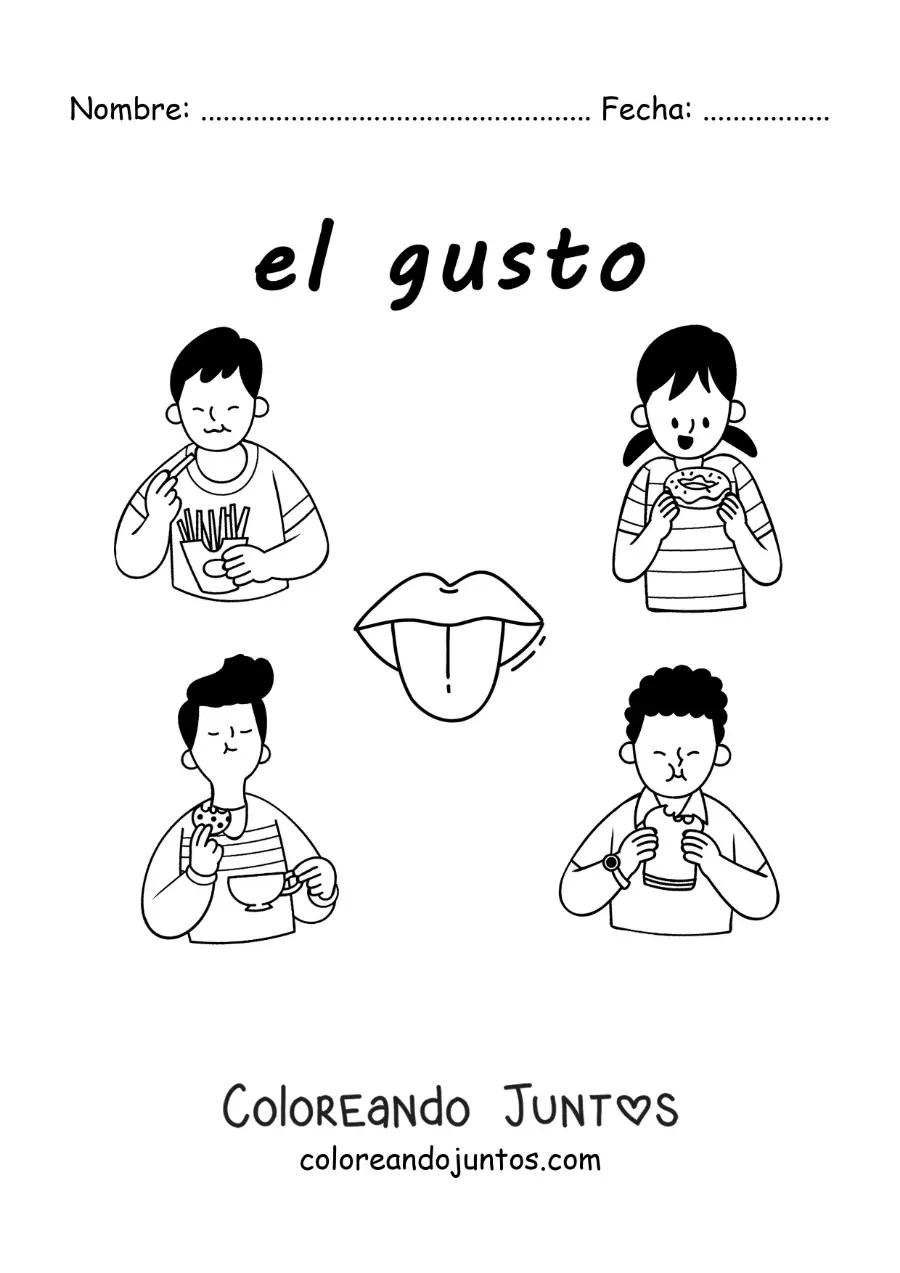 Imagen para colorear de una lengua y niños comiendo alimentos con el texto "el gusto"