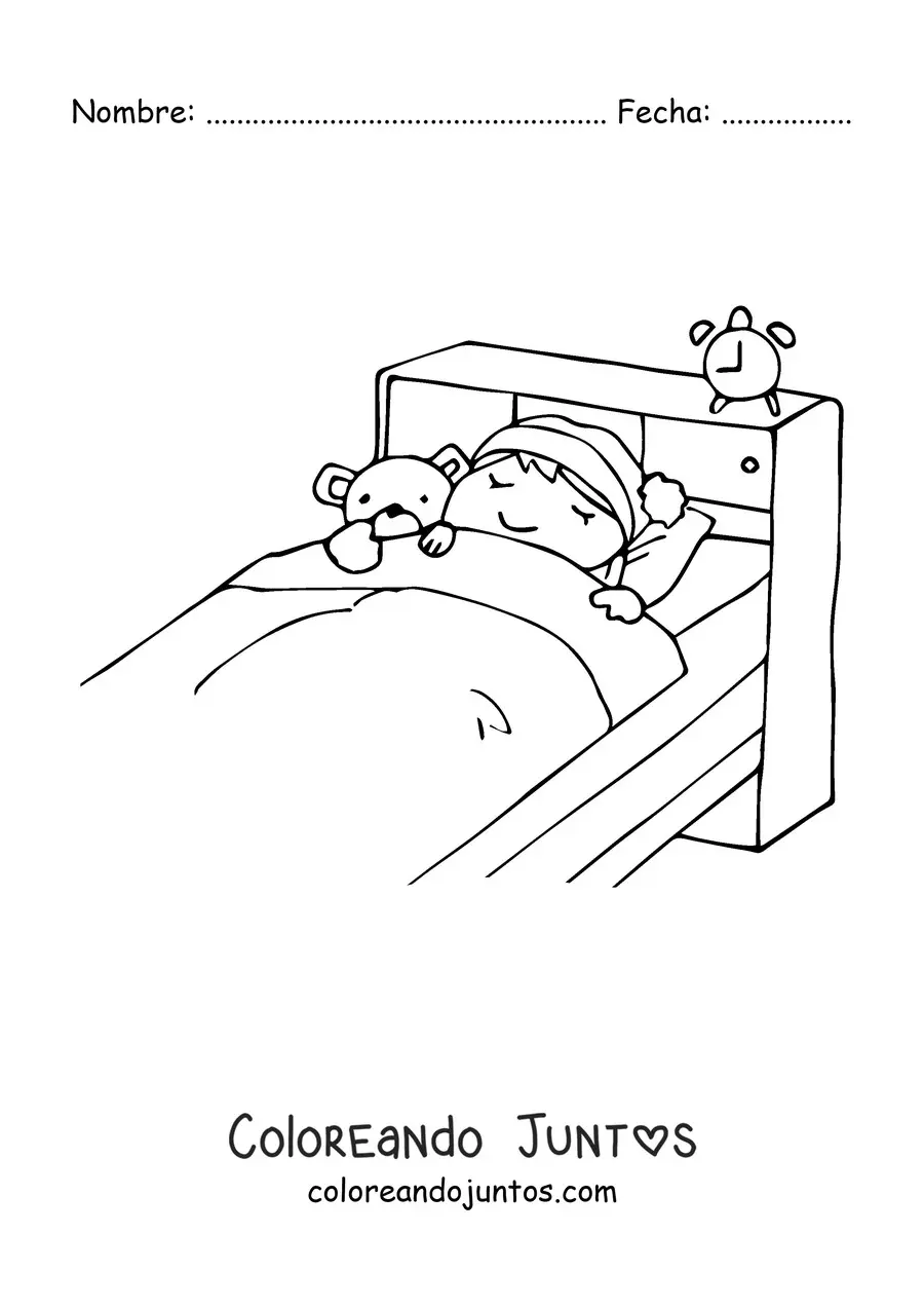 Imagen para colorear de una niña durmiendo en su cama