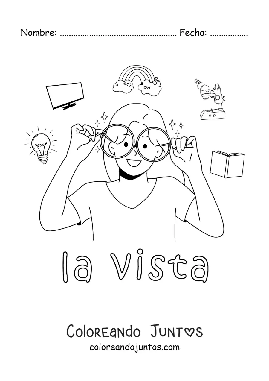 Imagen para colorear de una niña con lentes y símbolos de la vista