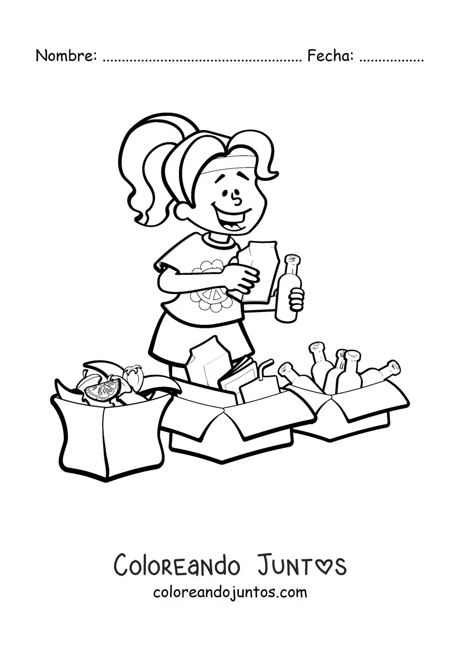 Imagen para colorear de una niña reciclando