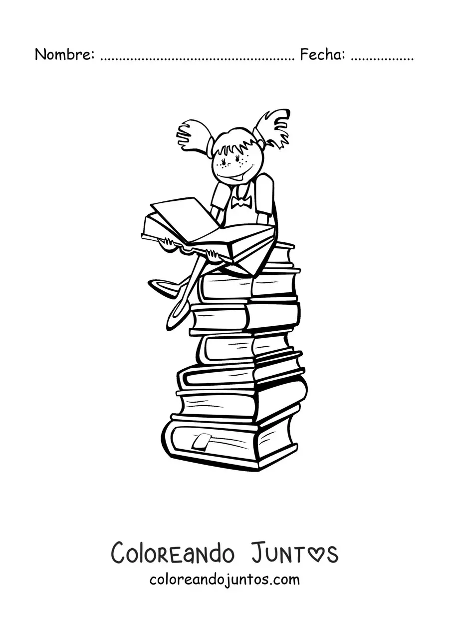 Imagen para colorear de una niña leyendo sentada sobre una pila de libros
