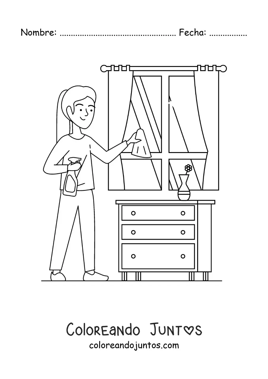 Imagen para colorear de una chica joven limpiando las ventanas de su casa