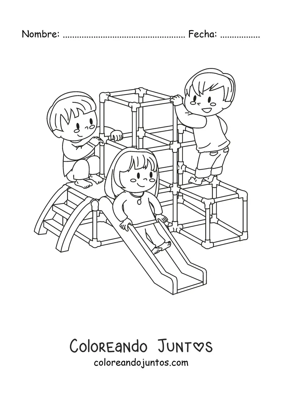 Imagen para colorear de una niña y dos niños jugando en el parque
