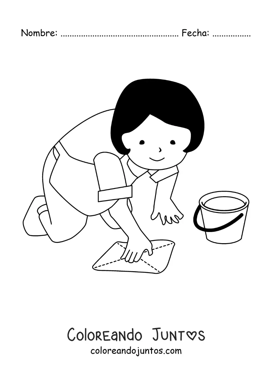 Imagen para colorear de una ama de casa limpiando el piso
