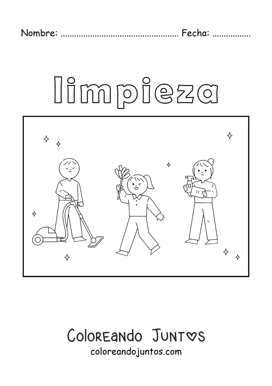 Imagen para colorear de 3 niños ayudando hacer las tareas del hogar