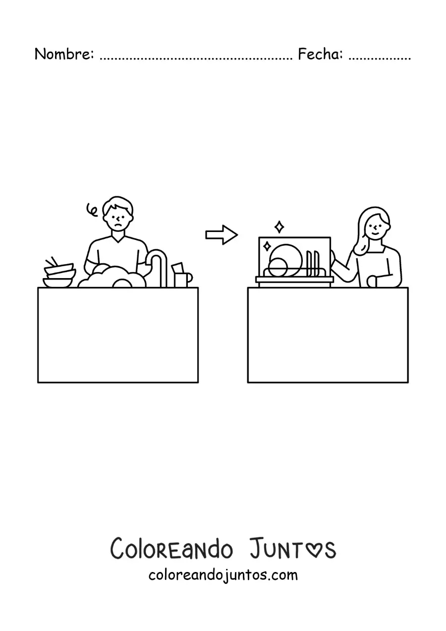 Imagen para colorear de un hombre fregando vs una mujer metiendo los trastes al lavavajillas