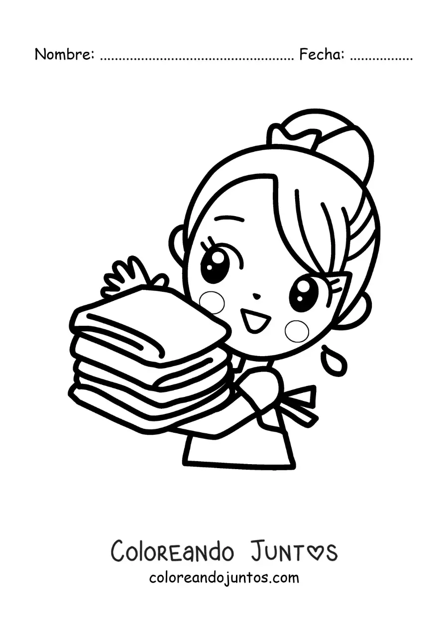 Imagen para colorear de una niña kawaii cargando ropa limpia doblada