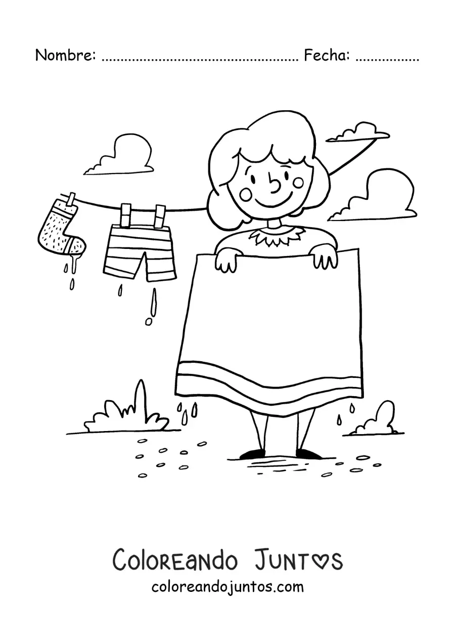 Imagen para colorear de una madre tendiendo la ropa lavada en el tendedero