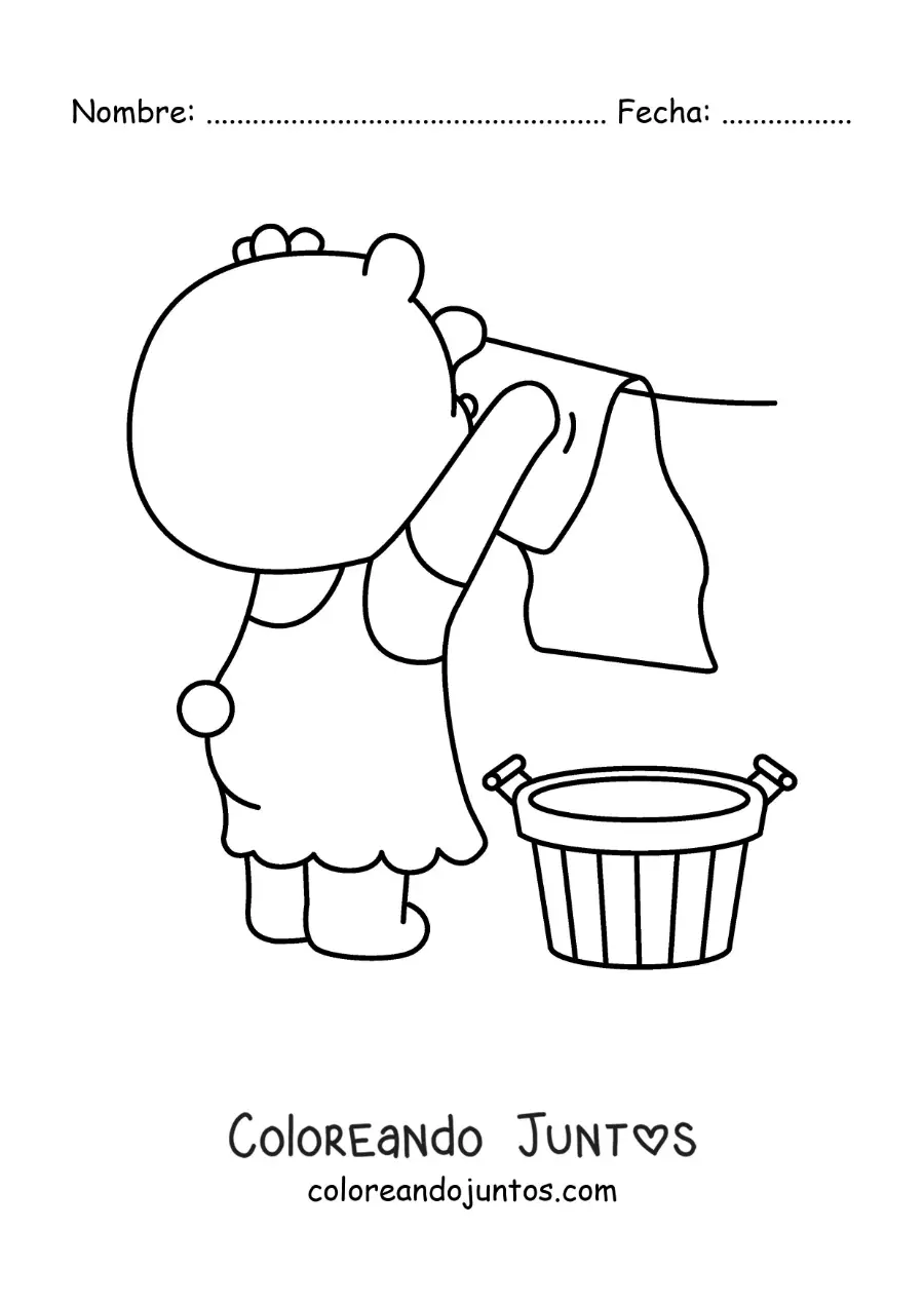 Imagen para colorear de una osa animada colgando la ropa en un tendedero
