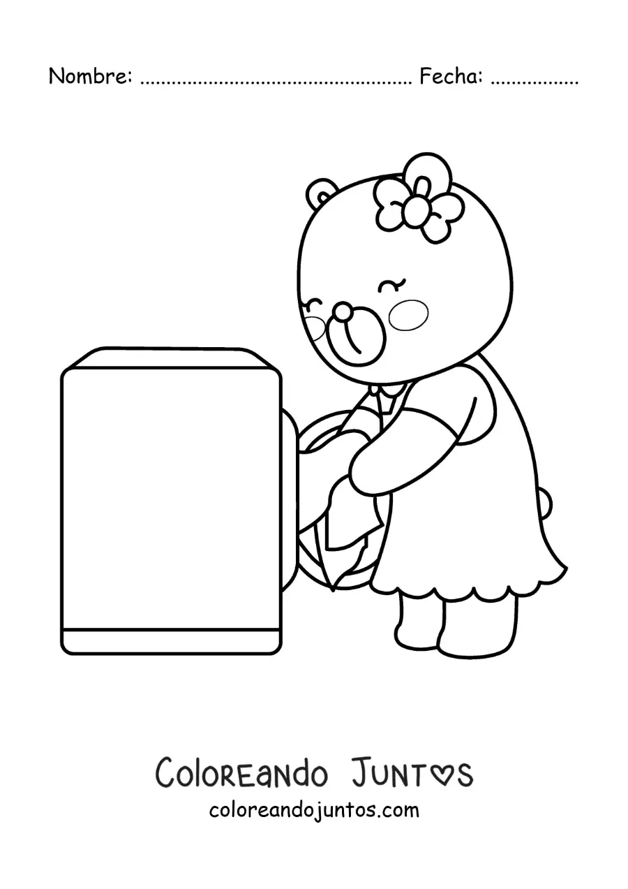 Imagen para colorear de una osa animada lavando la ropa en la lavadora