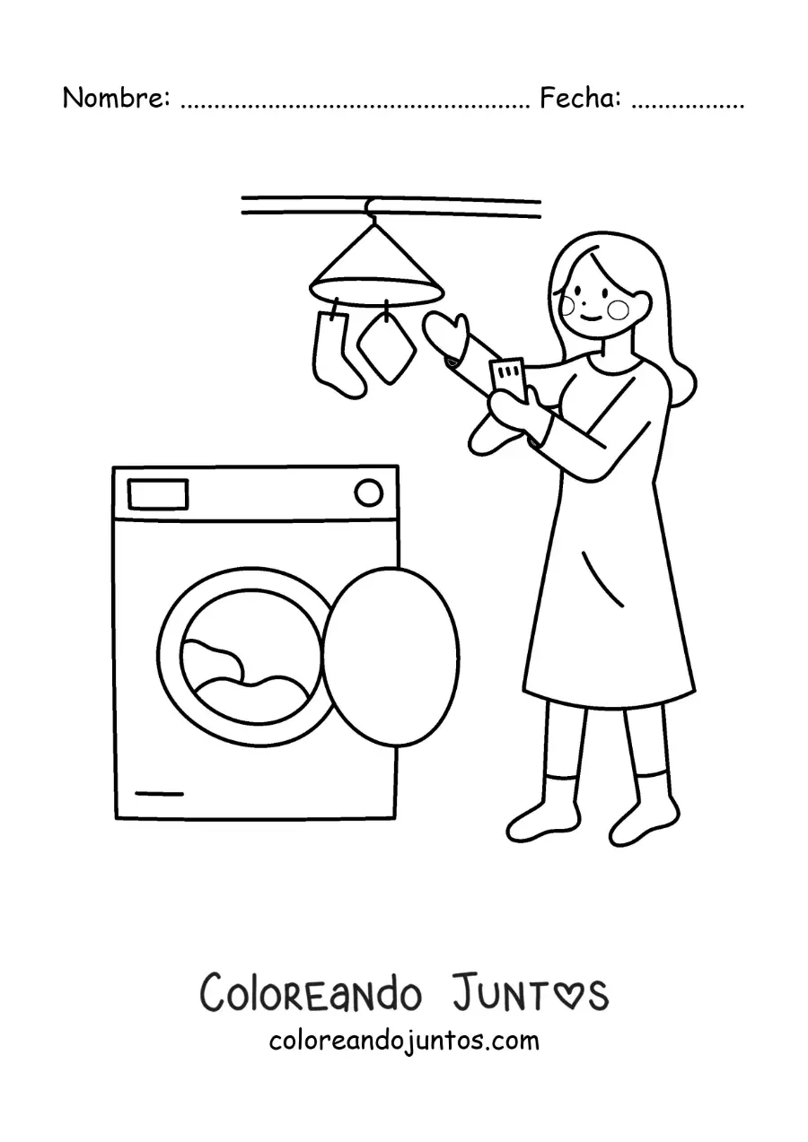 Imagen para colorear de una mujer sacando la ropa de la lavadora para tenderla