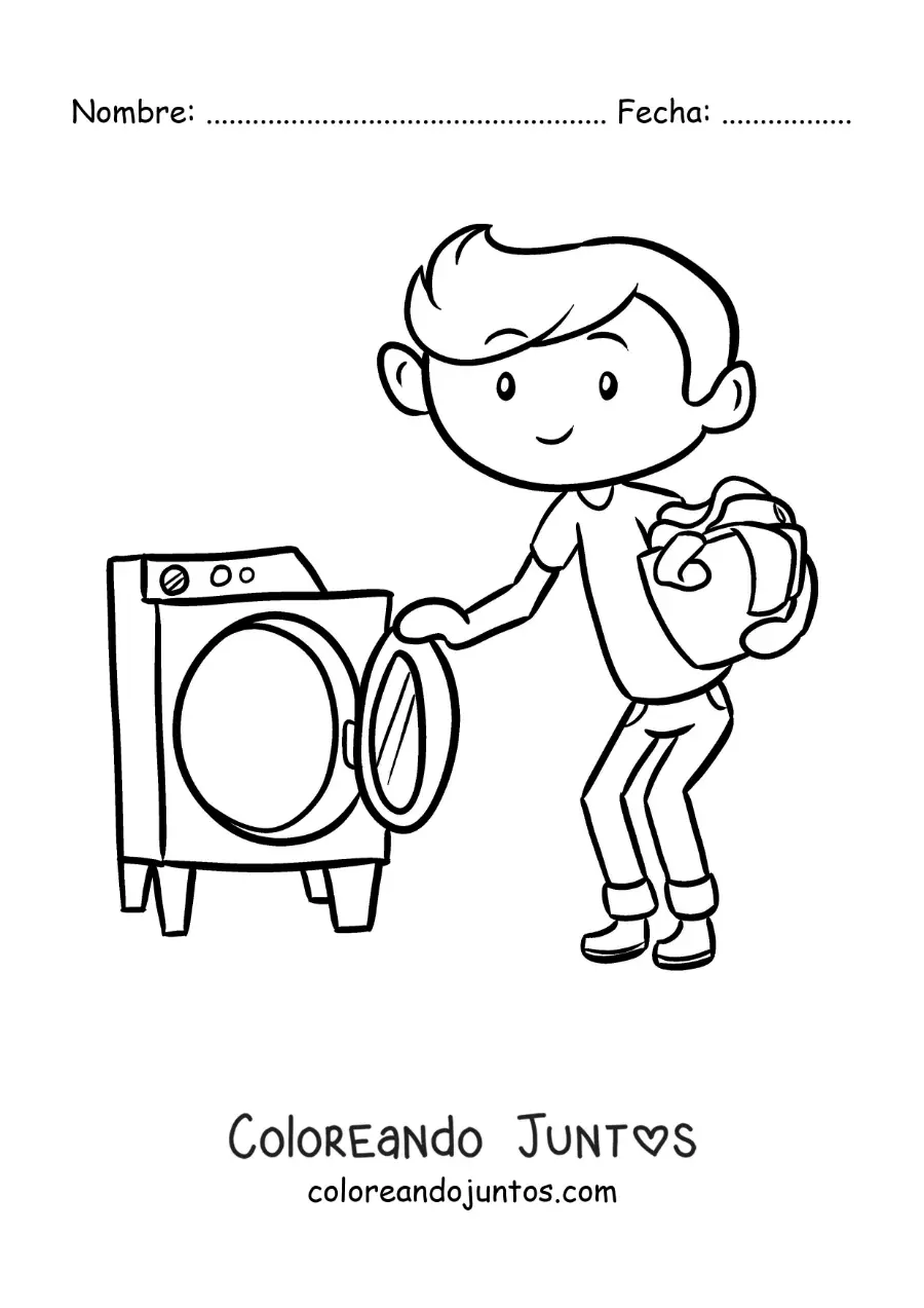 Imagen para colorear de un niño animado llevando un cesto de ropa a la lavadora