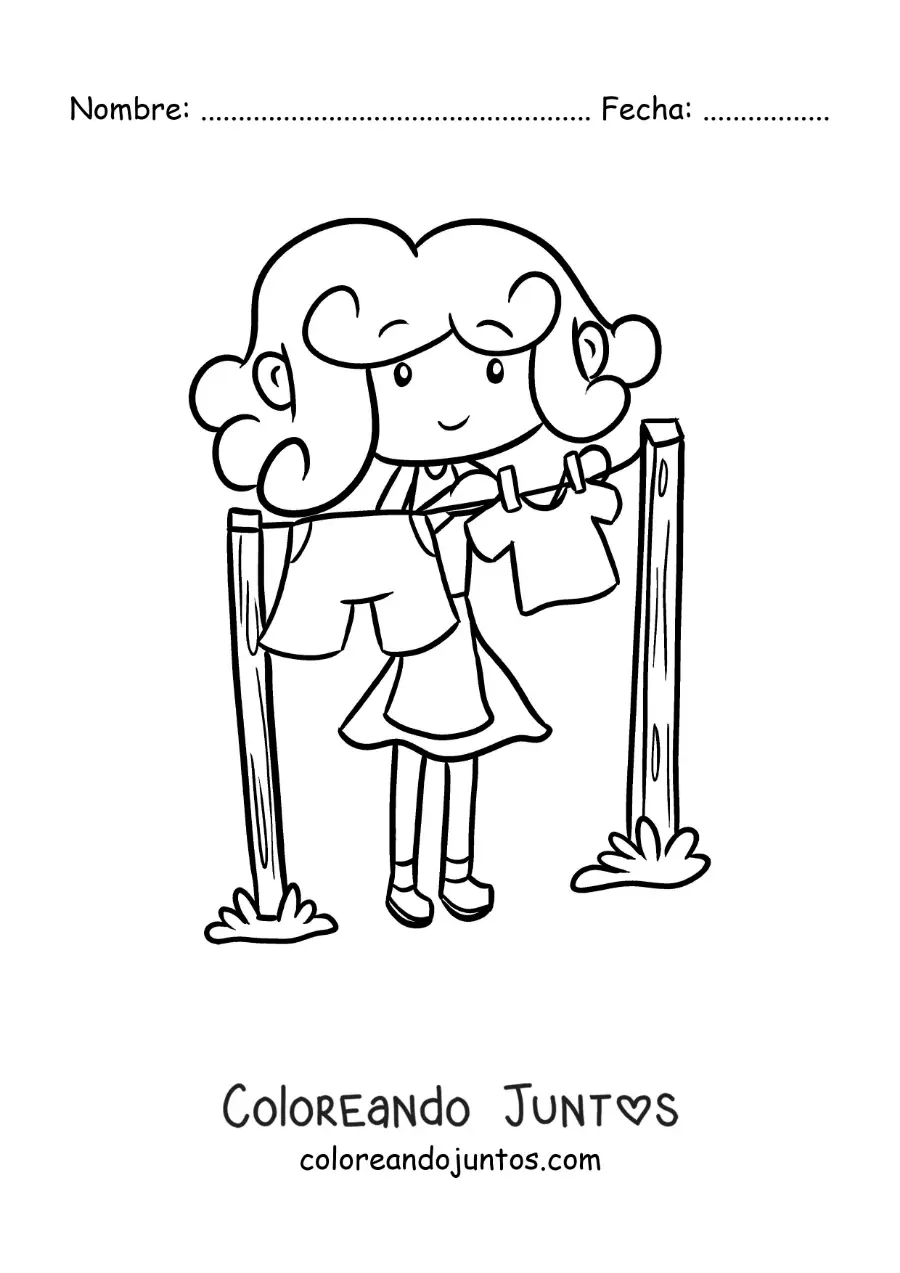 Imagen para colorear de una joven animada colgando la ropa en un tendedero
