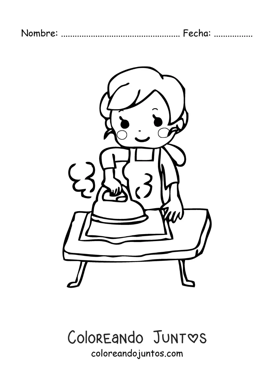 Imagen para colorear de una madre kawaii animada planchando ropa