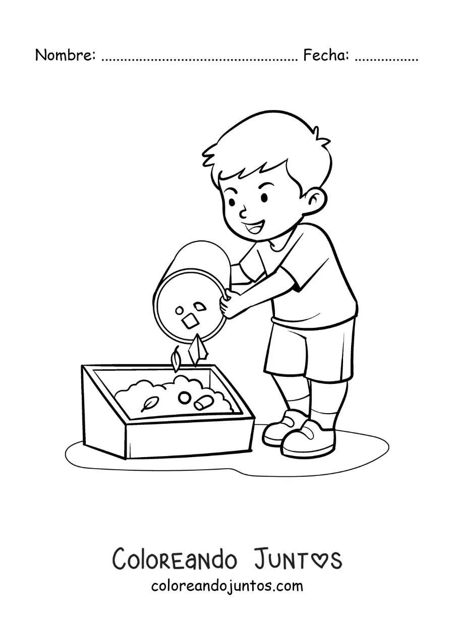 Imagen para colorear de un niño compostando residuos orgánicos