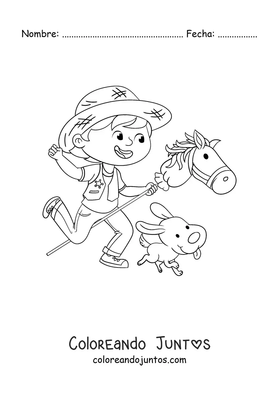Imagen para colorear de un niño jugando disfrazado de vaquero