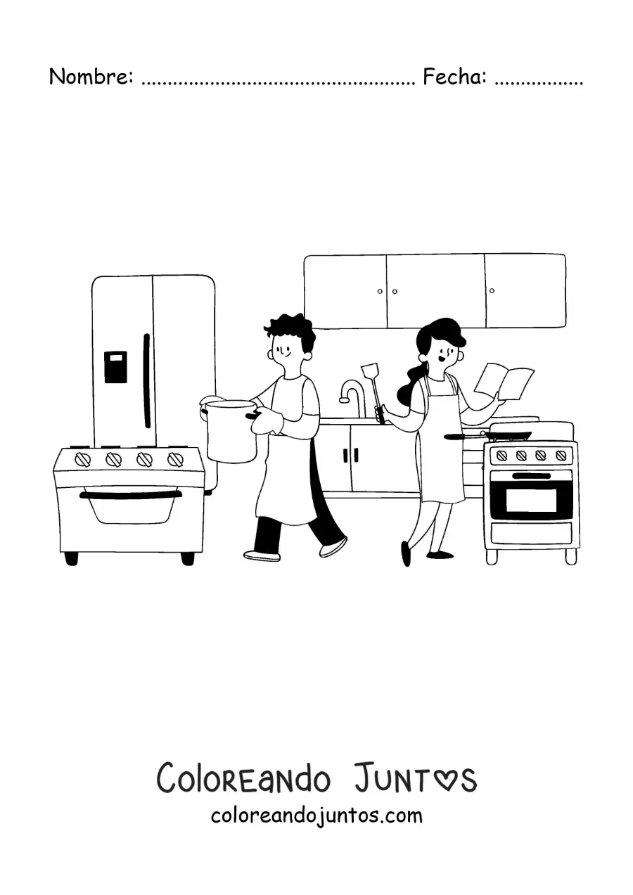 Imagen para colorear de mamá y papá cocinando en casa