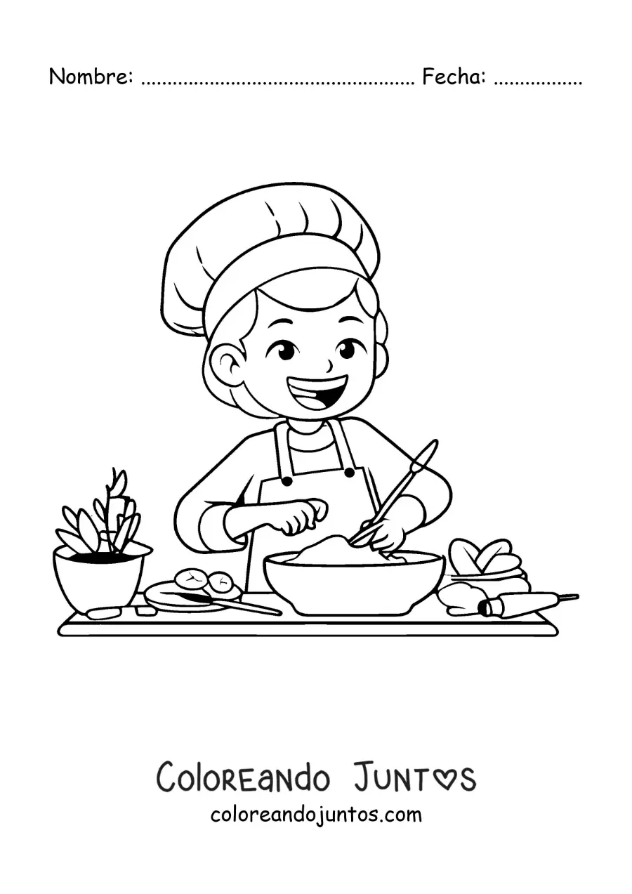 Imagen para colorear de una niña cocinando con gorro de chef
