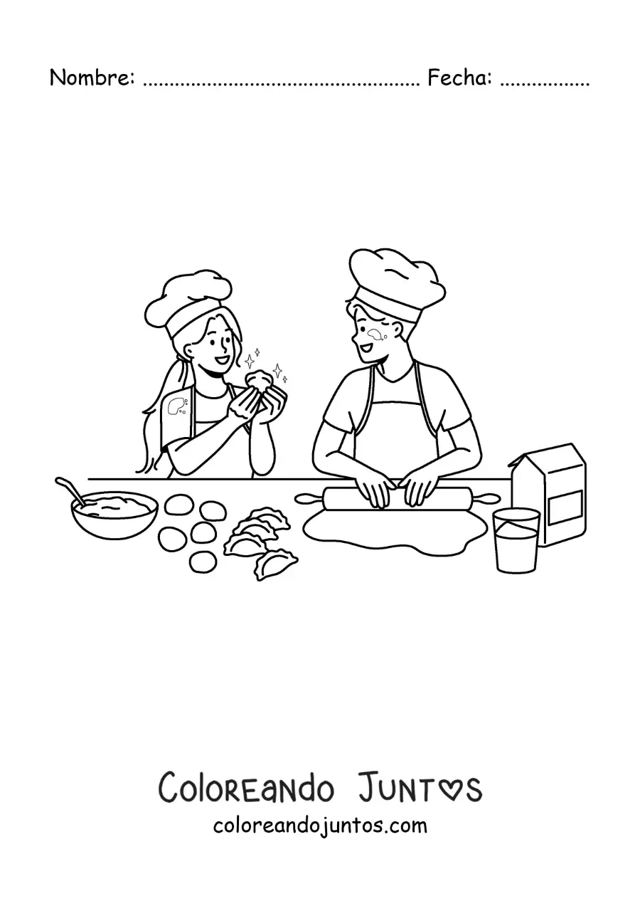Imagen para colorear de una pareja cocinando empanadas
